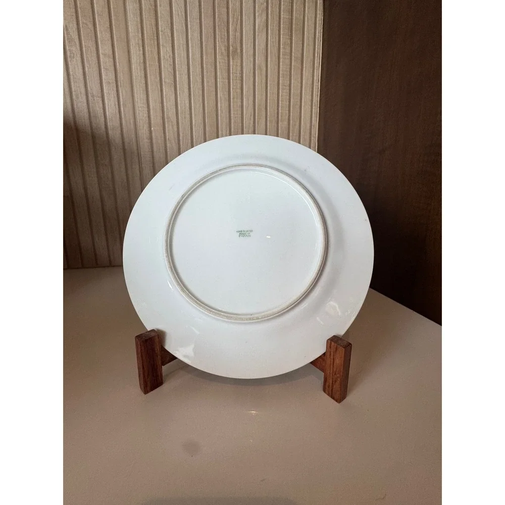 Vintage Hand Painted Japanese Floral Salad Plates Set of 5 Green Rim 8.5 Inch